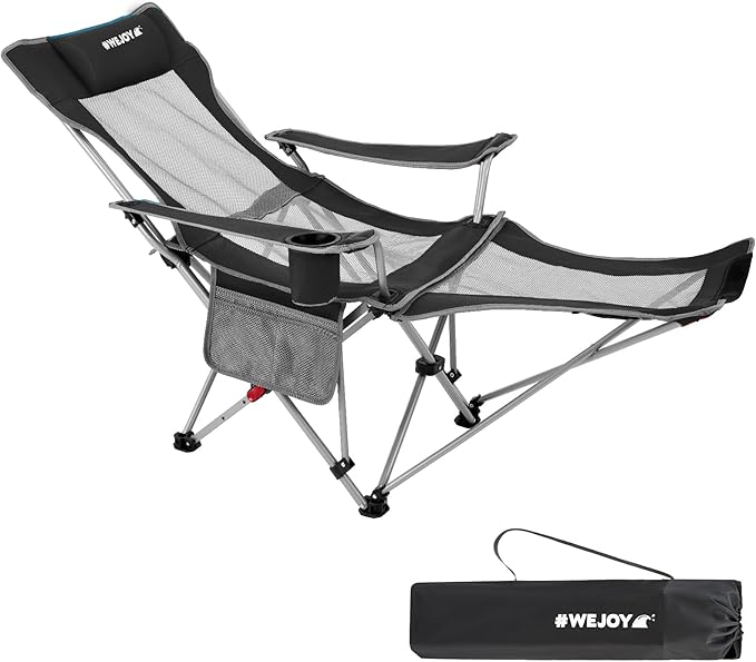 #WEJOY 2-in-1 Reclining Camping Chair Lightweight Folding Camping Chair with Adjustable Backrest &amp Footrest Camping Lounge Chair with Headrest Cup Holder Storage Bag for Beach Lawn Concert