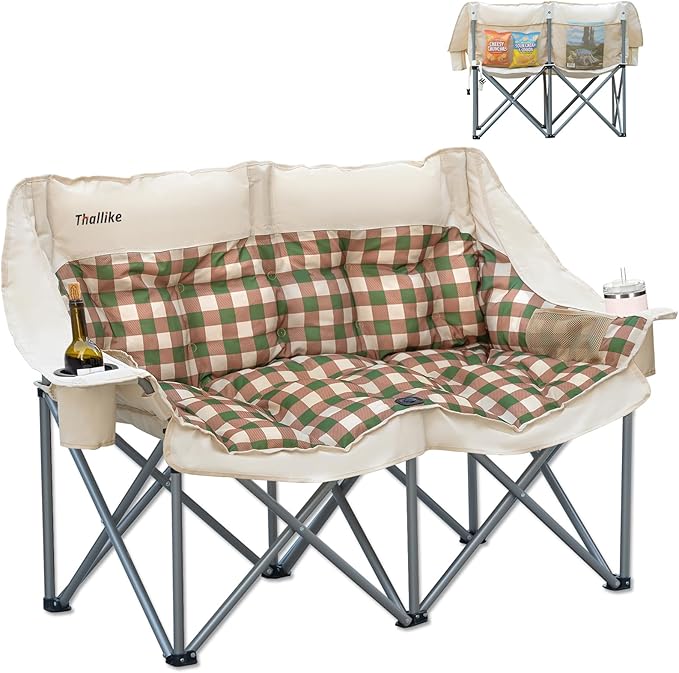 Double Camping Chair Oversized 2 Person Camp Chairs with Cup Holders Side &amp Backrest Mesh Pockets Padded Loveseat Camping Chair Foldable for Outdoor Lawn Backyard Beach Support 800LB