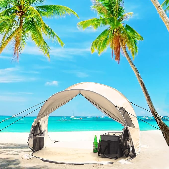 Wolfwise Pop up Beach Tent Sun Shelter with UPF50+ UV Protection Instant Easy Setup Popup Beach Shade Canopy for 3 Person Portable &amp Foldable with Carring Bag 87 ×57×47 in Beige