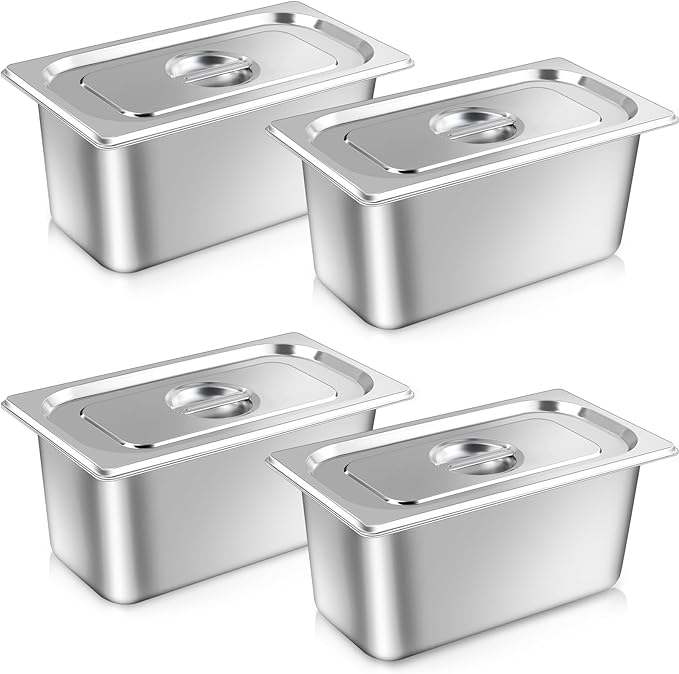 4 Pack Hotel Pans with lids 1/3 Size x 6 Inch Deep Steam Table Pan Stainless Steel Steam Table Pans Anti Rust Catering Storage Food Pan for Home Hotel Party Restaurant Buffet