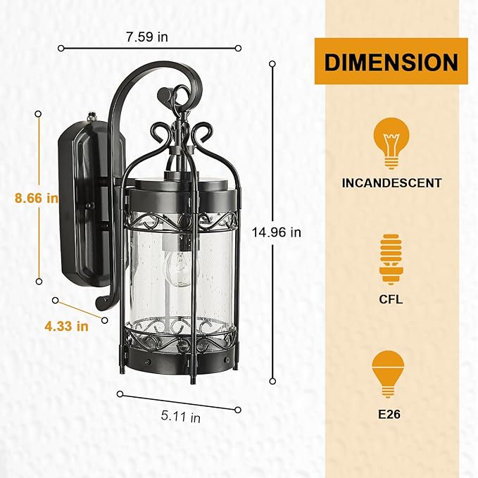 Dusk to Dawn Sensor Outdoor Wall Sconce14.96 H Vintage Exterior Light Fixture with IP65 WaterproofClassical European Style Porch Light with Bubble Glass for Garage Yards Patio