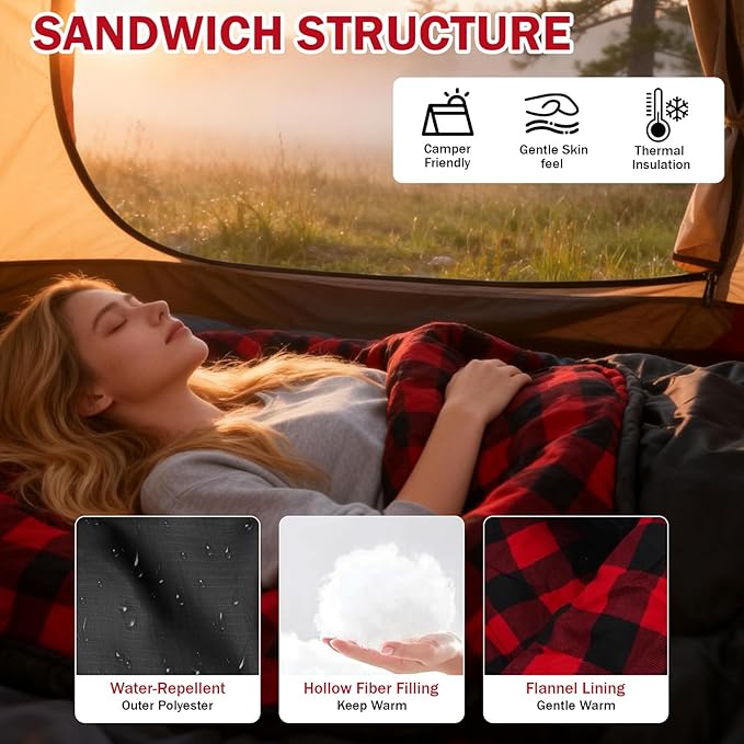 100% Cotton Flannel Sleeping Bag for Adults Big&ampTall Size Backpacking Lightweight Waterproof for Girls Boys Mens Teen for Camping Hiking Outdoor Travel with Compression Bags