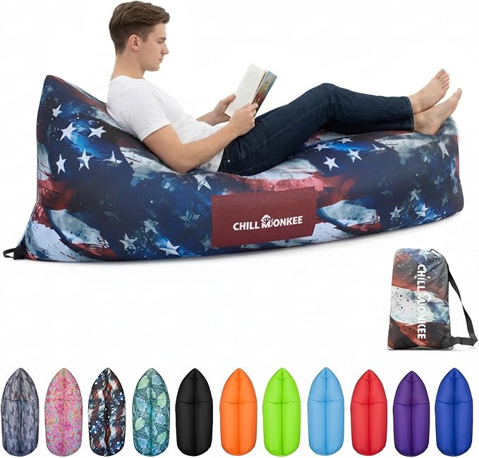 Portable Inflatable Lounger for Beach &amp Camping – Self-Inflating Air Couch Beach Sofa and Outdoor Lounge Chair for Relaxation and Comfort (American Flag)