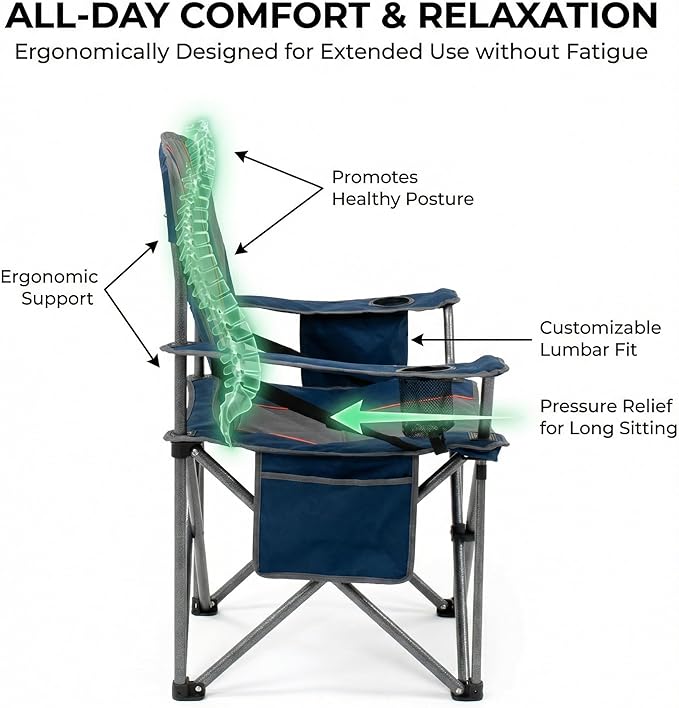 FAIR WIND Heavy Duty Camping Chair Oversized Padded Folding Chair for Big and Tall (450lbs) Extra Wide Seat with Integrated Cooler &amp Storage Pocket Adjustable Lumbar Support for Outdoor