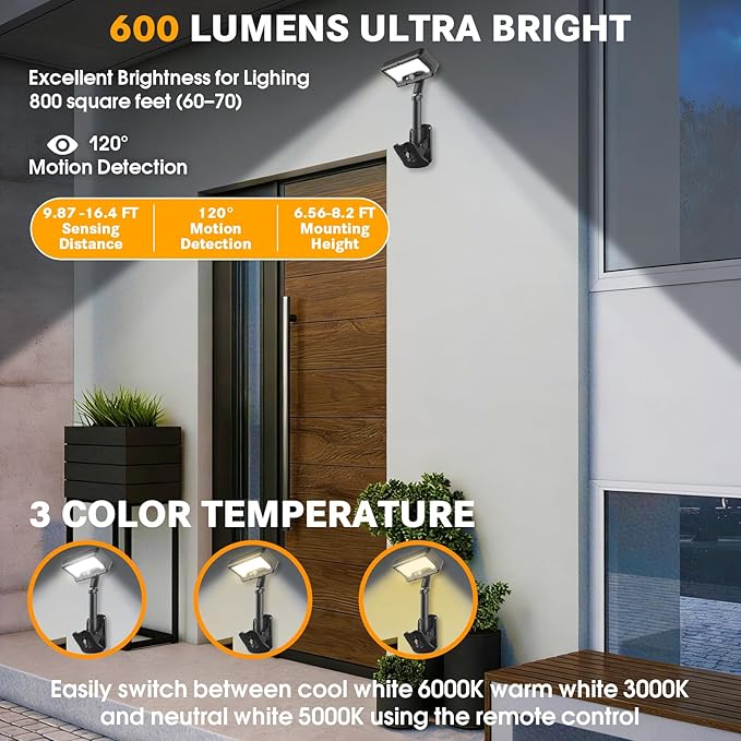 Pacify Clip On Solar Lights Outdoor with Motion Sensor 92 LEDs 600LM Solar Fence Lights IP65 Waterproof Adjustable Security Lights for Gutter Deck Yard (2 Pack with Remote Control Adjusts 3 Colors)