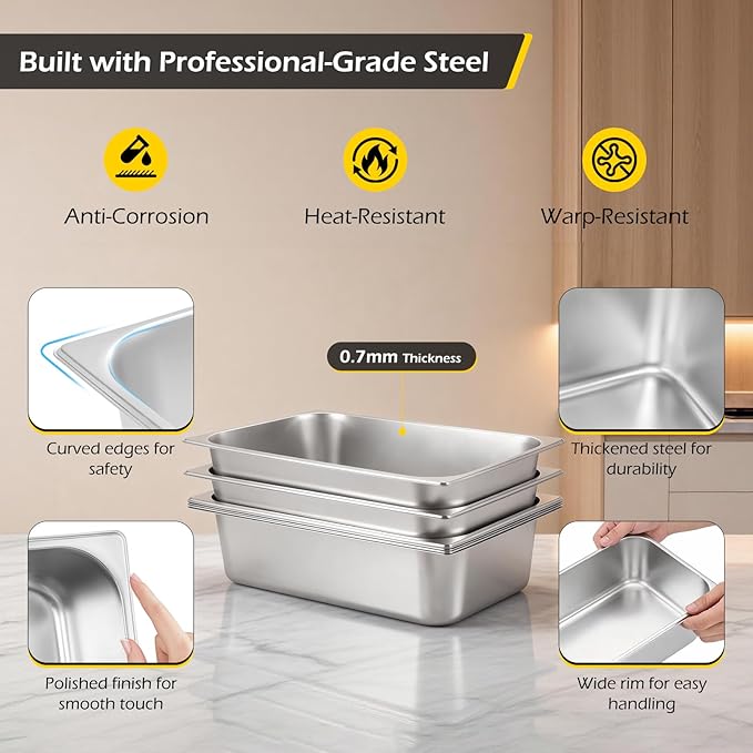 Dyna-Living 6 Pack Hotel Pans Full Size 6 Inch Deep Stainless Steel Steam Table Pan with Lids Anti Jam Stackable Commercial Food Pans for Buffet Hotel Home Restaurant Party Catering Supplies