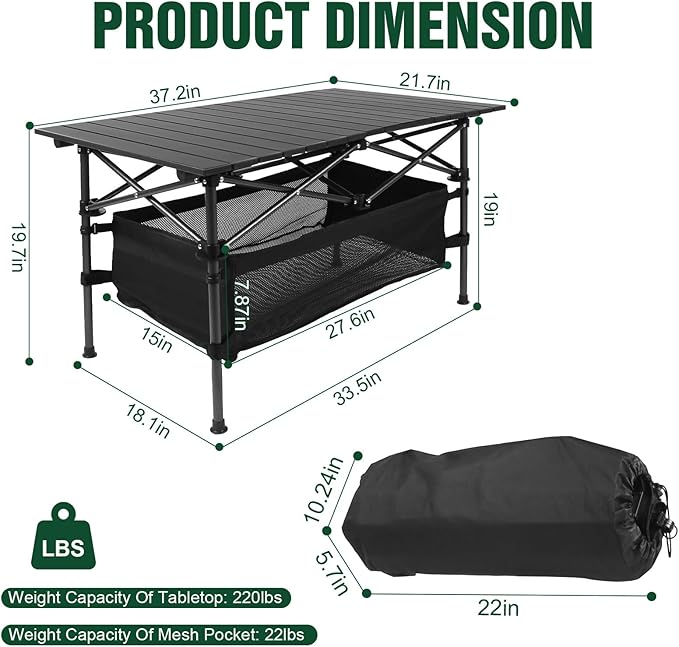 Portable Camping Table Outdoor Folding Table with Basket Storage and Carrying Bag Ultralight Aluminum Alloy Roll-up Top Design for Camping Picnic BBQ Beach Party