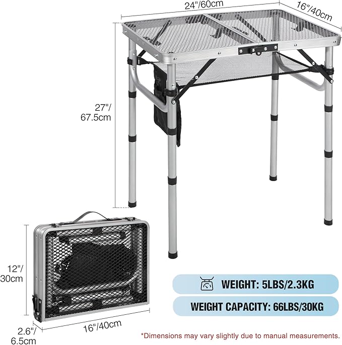 RedSwing Folding Grill Table Lightweight Height Adjustable Aluminum Table with Mesh Desktop and Mesh Bag for Outdoor Camping Picnic BBQ 2 Feet Sliver
