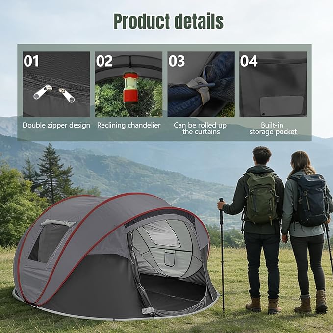Instant Pop Up Camping Tent 4-6 Person TentsAutomatic Set Up Tent in 3 SecondsWaterproof Sunshade Family TentPortable Lightweight Dome Tent for Outdoor CampingHikingTravel &amp Beach