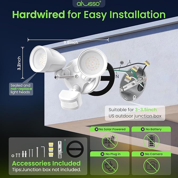 ALUSSO Motion Sensor Outdoor Lights Metal Heads 30W 3600LM Flood Lights Outdoor 120V 3 Modes Dusk to Dawn/Auto/On Time 3000K 4000K 6500K Adjustable Hardwired Security Light ETL Listed White 1PC