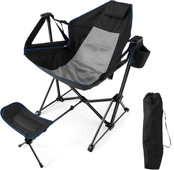 KOTEK Hammock Chair Portable Camping Chair with Retractable Footrest Adjustable Backrest Headrest Cup Holder &amp Carry Bag Folding Rocking Chair for Outdoor Lawn Patio Travel Picnic Fishing (Bl