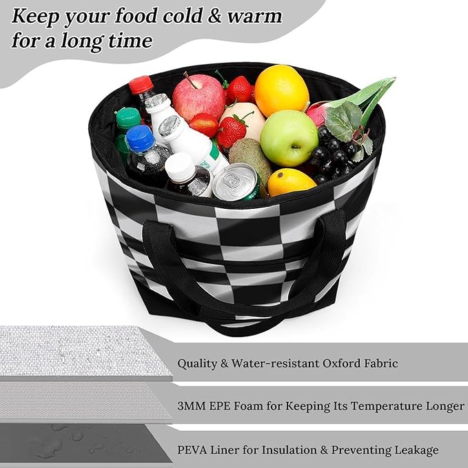 Insulated Shopping BagLarge Reusable Cooler Bags Black White Race Checkered Flag Printed Foldable Shopping BagTravel Waterproof Shoulder Bag