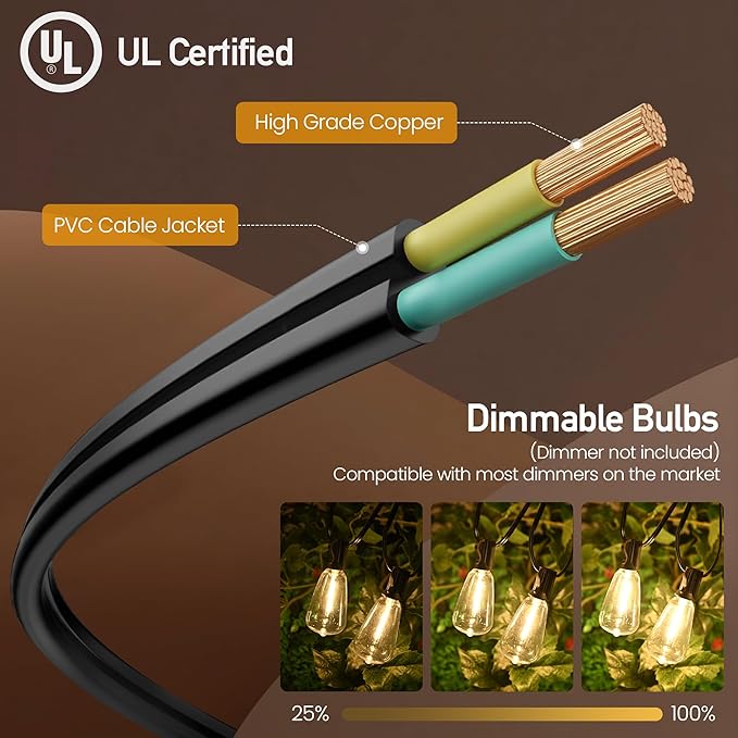 Outdoor String Lights 50 FT 26 Shatterproof LED Bulbs UL Certified Patio Lights Outdoor Light Strings Waterproof for Patio Yard Outside Party Wedding Connectable Dimmable 25 Sockets 2700K