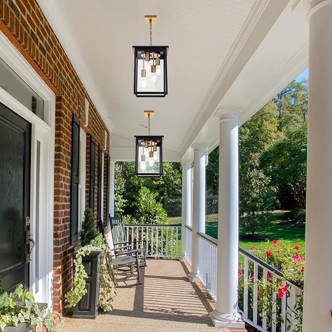 TODOLUZ Outdoor Pendant Light Fixtures 4-Lights Large Outdoor Ceiling Hanging Lanterns in Black &amp Brushed Brass Farmhouse Exterior Chandelier for Front Door Entry Patio