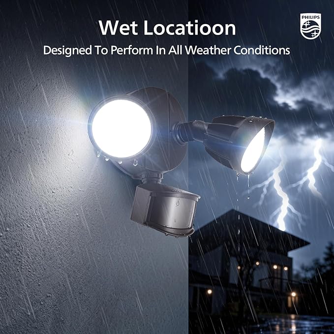 Philips 44W 4200 lm LED Security Light Outdoor w/PIR Motion Sensor 5000K Daylight Flood Light Waterproof Dusk to Dawn 2 Heads 4 Modes