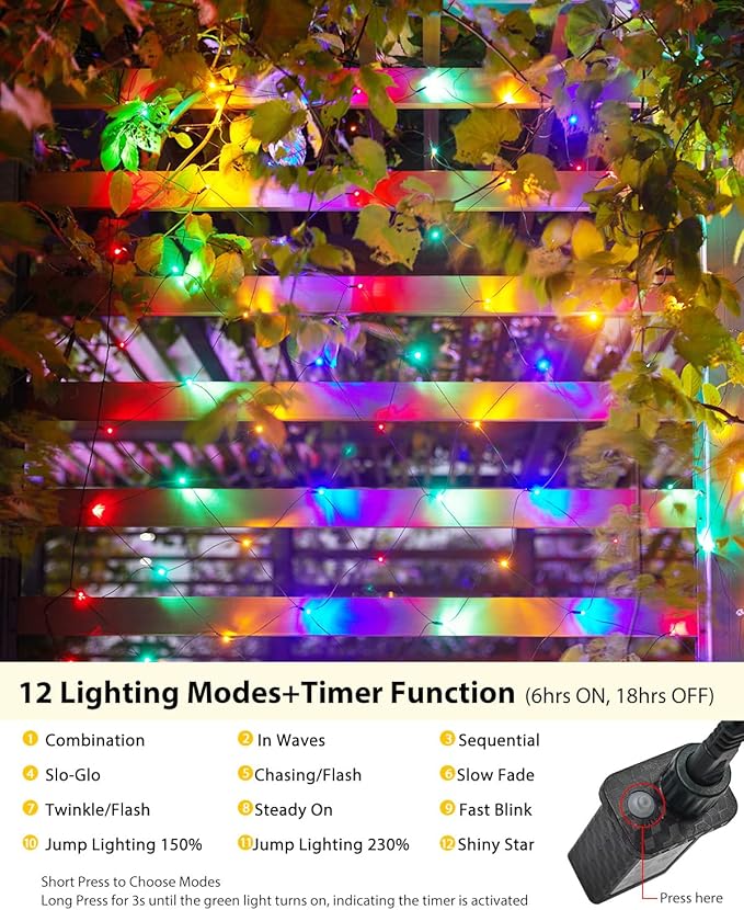 12 x 5FT 360 LED Christmas Net Lights Outdoor for bushes Waterproof IP65 12 Modes Connectable Extendable Bush Net Christmas Lights Outdoor Mesh Light for Bushes Tree Yard Garden Multicolor