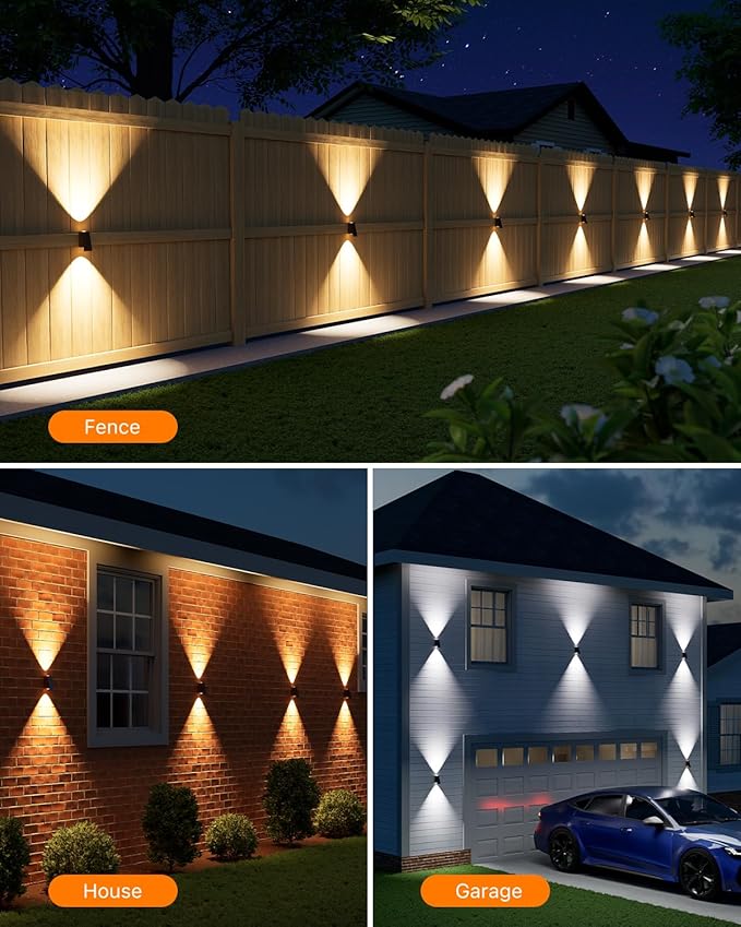 8 Pack Solar Powered Fence Lights Outdoor (Warm/Neutral/Cool White) Waterproof Up and Down Wall Mount LED Decorative Lamp for Outside Patio House Backyard Porch Deck Garden with 3 Lighting Modes