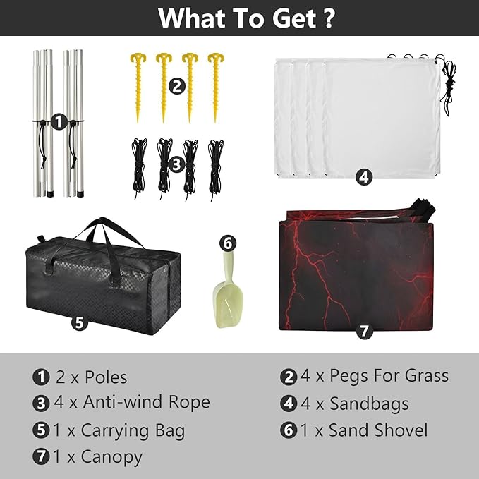 Red Lightning on Black Beach Tent Sun Shelter 9.2' x 10.5' Beach Canopy with 4 Sandbags 4 Stability Poles Sand Shovels - Tent Canopy for Beach Camping Fishing Picnics
