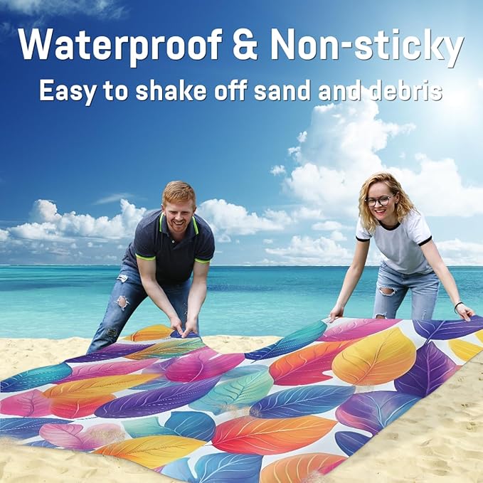 Waterproof Sandproof Beach Blanket 59''×68'' Tropical Leaves Polyester Outdoor Picnic Blanket with 4 Stakes &amp Storage Bag for BeachCampingVacation Colored