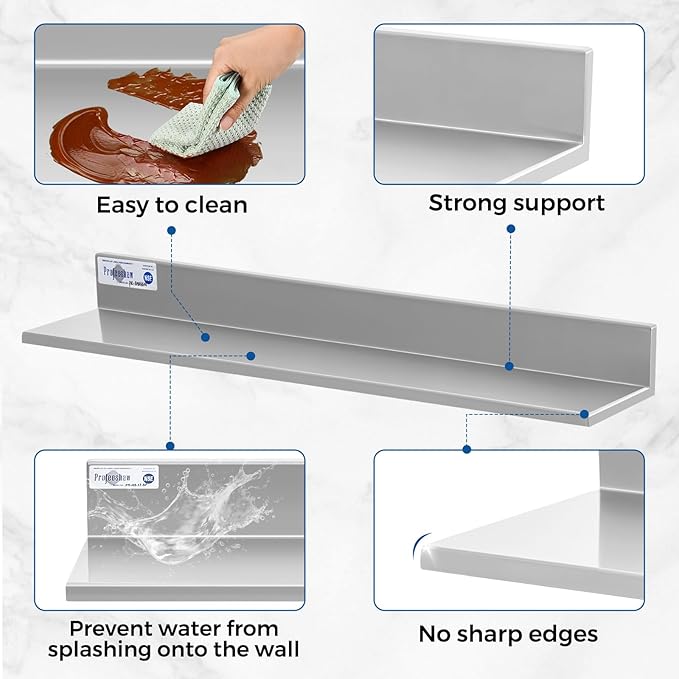 Profeeshaw Stainless Steel Shelf Wall Mounted Commercial Stainless Steel Shelves 8.6 * 30 Inch 58lb Heavy Duty Commercial Kitchen Shelf for Restaurant Bar Utility Room Kitchen and Garage