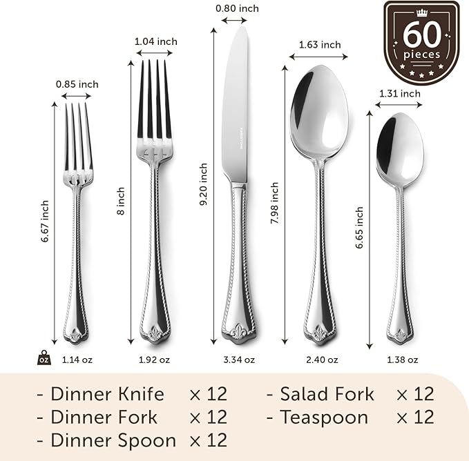 KINGSTONE Silverware Set 60-piece 18/10 Stainless Steel Flatware Set Cutlery Set for 12 for Kitchen Home Wedding Party Mirror Polished and Dishwasher Safe Featured Gifts