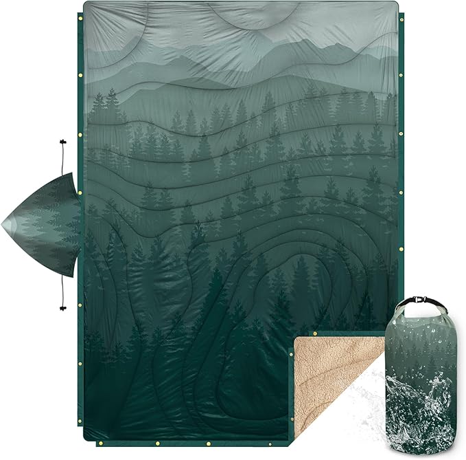 Outdoor Camping Blanket with Sherpa Lining Extra Warm Thick Camp Blankets and Puffy Ultralight Soft Poncho DWR Camping Quilt for Cold Weather Adventure Sleeping Backpacking 78x 56