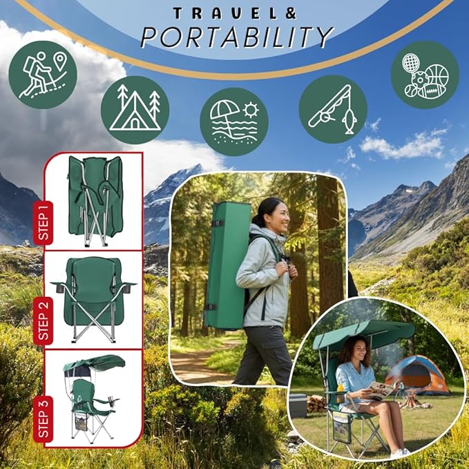 Portable Folding Camping Chairs with Canopy Shade Beach Chair for Adults Durable Weather Resistant 600D Oxford Cloth Camping Chair with Canopy for Outdoors [Green]