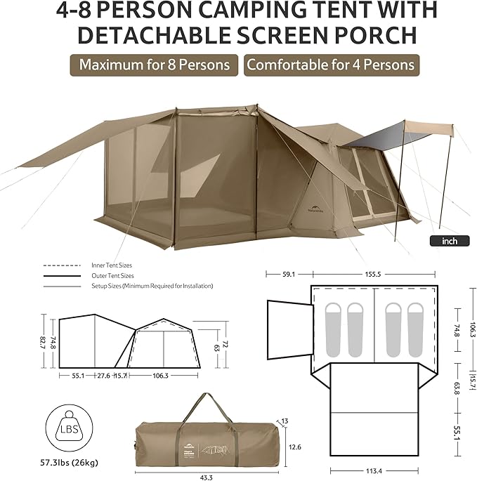 Naturehike Village Instant Tent 4 Person 8 Person Camping Tent with Full Rainfly Waterproof Large Cabin Tents for Car Camping