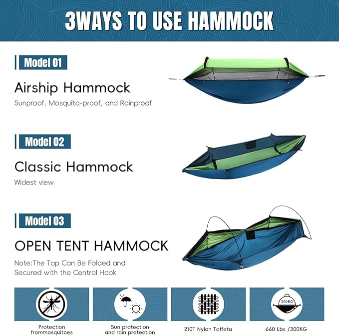 Professional Camping Hammock with Mosquito Net Lightweight Portable Double with Two 10 FT Hammock Tree Straps 210T NylonRain and Sun ProtectionHammock for Camping Hiking Yard Backpacking