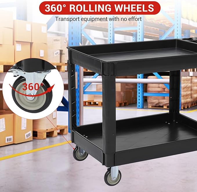 Utility Service Cart with Wheels and Two Trays Service Cart 2-Shelf 500lbs Rolling Utility Cart for Warehouse/Garage/Cleaning/Manufacturing 2 Tier Heavy Duty Uline Tool Cart 45X25 Black