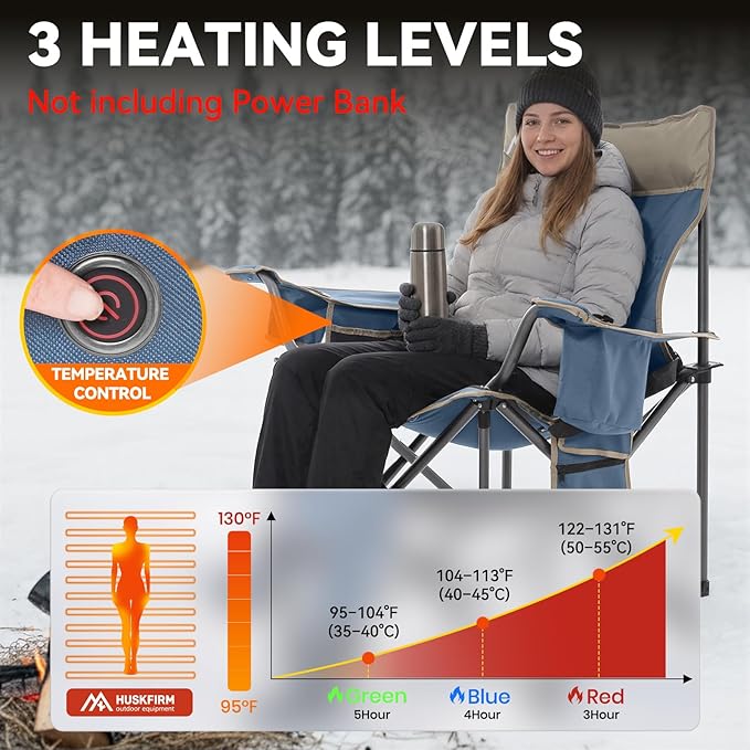 Heated Camping Chair Extra Wide Heated Chair Heavy Duty Heated Camp Chair Supports 450 lbs Heated Lawn Chairs for Adults with Cup Holder Cooler Side Pocket (Power Bank not Included)