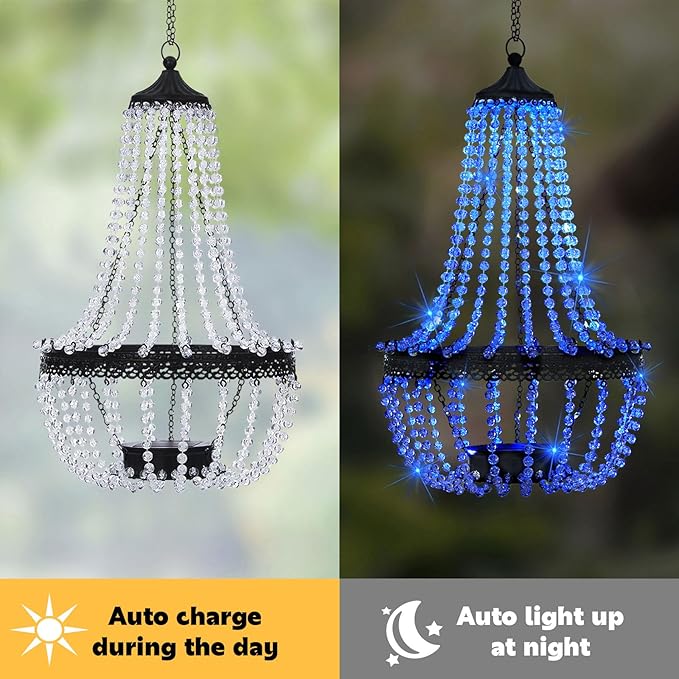 Hanging Solar Lantern Outdoor 28” Modern Clear Crystal Acrylic Chandelier with 30 Blue Lights S Hook for Garden Yard Patio Gazebo Decorations