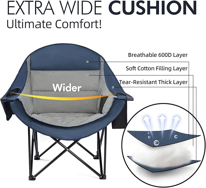 Oversized Camping Chairs for Adults - Heavy Duty Padded Outdoor Folding Lawn XL Camp Chair with Cup Holder Cooler Pockets for Sports Beach Fishing Garden Portable Supports 500lbs Blue/Grey