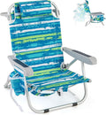 COSTWAY Backpack Beach Chair Foldable Camping Chair with 5 Adjustable Position Cup Holder Storage Pockets Straps Towel Rack Pillow for Patio Outdoor (Blue and Green Stripe1)