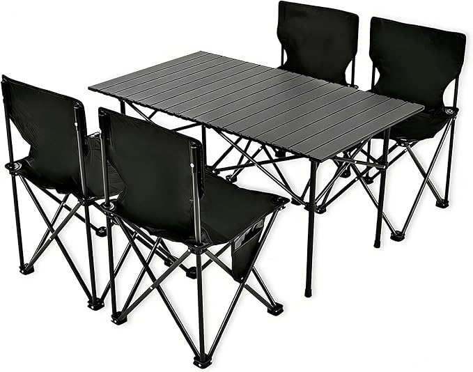 Camping Table Folding Portable Camp Table with 4 Chairs Folding Picnic Table with Carry Bag Indoor Outdoor for Camping Beach Patio RV Backyard BBQ Sturdy Stable Easy to Carry Black