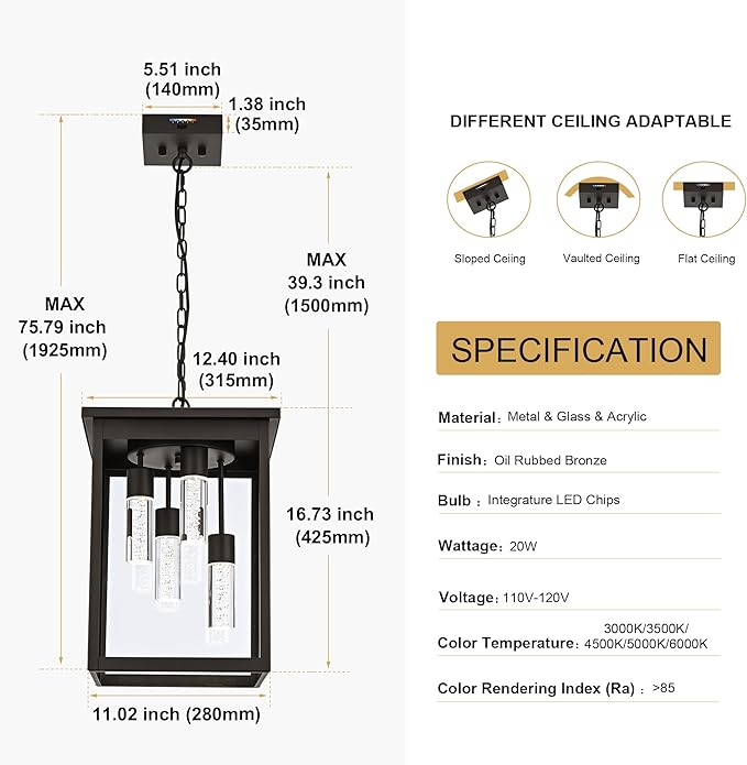 TODOLUZ LED 5CCT 4-Light Large Outdoor Pendant Light Fixtures in Oil Rubbed Bronze Adjustable Height Porch Hanging Lighting for Yard Entryway Patio Exterior Ceiling Lantern LED Chips Included