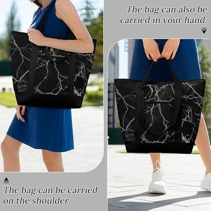 Insulated Shopping BagLarge Reusable Cooler Bags Black Marble Printed Foldable Shopping BagTravel Waterproof Shoulder Bag