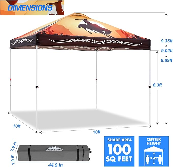 EAGLE PEAK Pop Up Canopy Tent with Wheeled Carry Bag 8 Stakes 4 Ropes 4 Weight Bags Easy Set Up Tent Canopy 10x10 ft 100sqft of Shade Cowboy