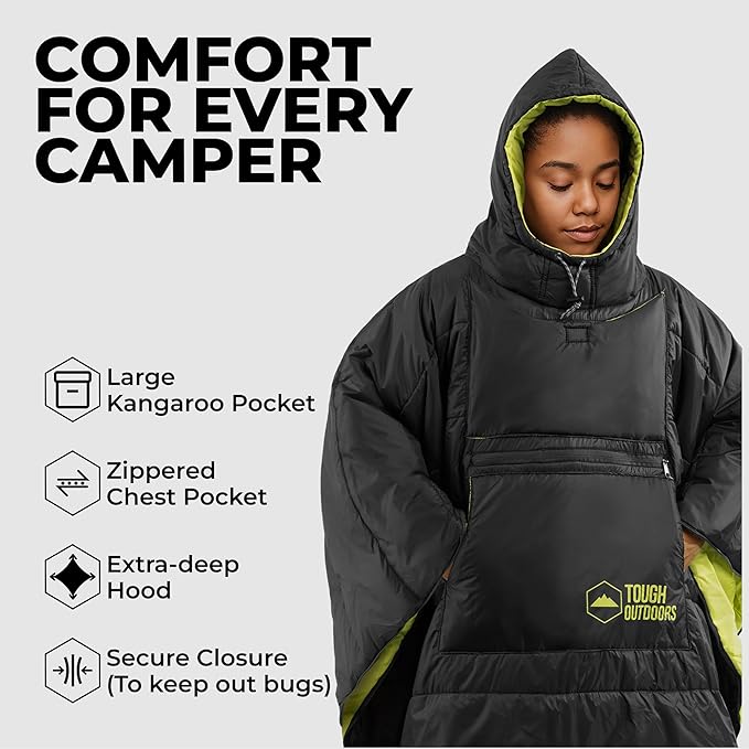 Tough Outdoors 5 in 1 Camping Poncho - Packable Blanket - Wearable Sleeping Bag Adult - Sleeping Bag Poncho - Waterproof