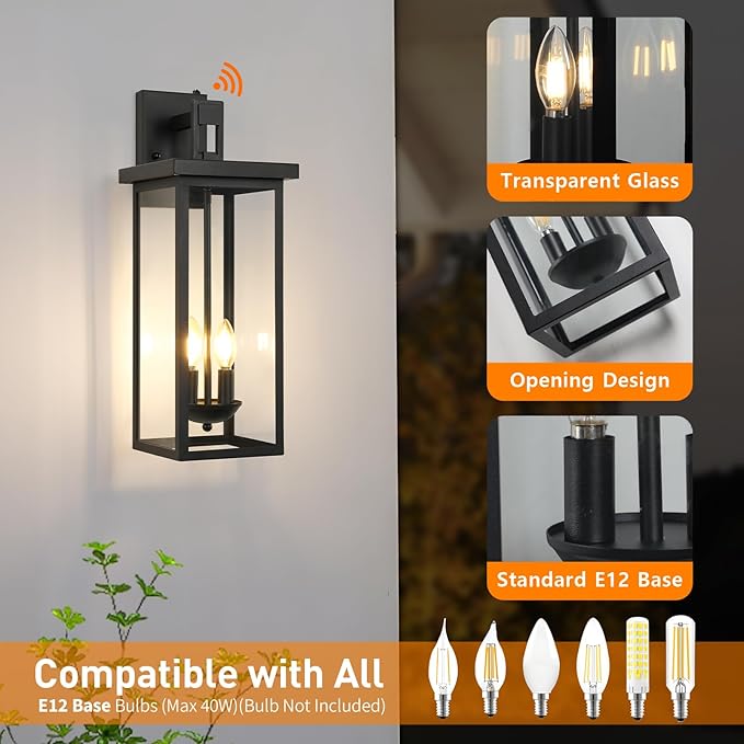 tewei 22 Inch Large Outdoor Wall Lights Dusk to Dawn Outdoor Lighting Fixtures Black Modern Porch Light Outdoor Wall Sconce Lantern Outside Lights for House Garage 1 Pack