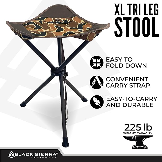 Black Sierra Folding Hunting Stool w/Shoulder Strap Supports 225 lbs Lightweight Collapsible Tripod Seat Foldable Steel Frame Chair Perfect for Hunting