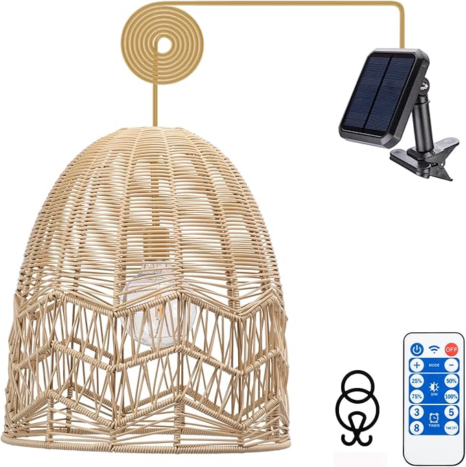 Ranttan Outdoor Chandelier 15 Outdoor Pendant Lights Rattan Solar Hanging Lights Large Rattan Ceiling Light with Remote 4 Modes Lighting Waterproof Lighted for Garden Porch Patio Kitchen Nature