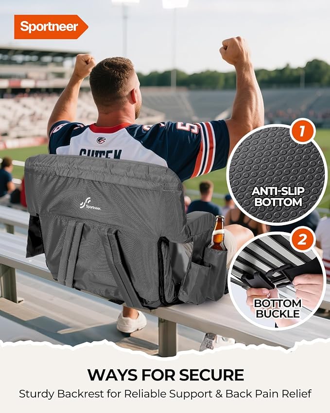 Sportneer Stadium Seats with Back Support: 2.5'' Thick Comfy Cushion 6 Adjustable Angle Bleacher Seat with Armrest - 2 Large Pockets 2 Cup Holders Stadium Chair for Sport Events Concerts Parks