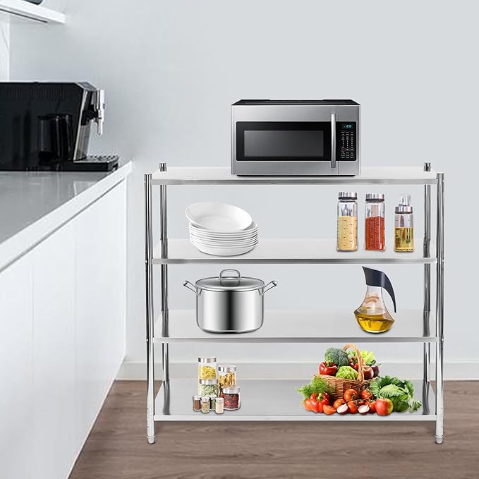 Stainless Steel Shelves58.1x17.5x58.1 Inch 4 Tier Shelving UnitAdjustable Height Stainless Steel Storage Shelf for Shopping MallsSupermarketsConvenience Stores (1320lbs)