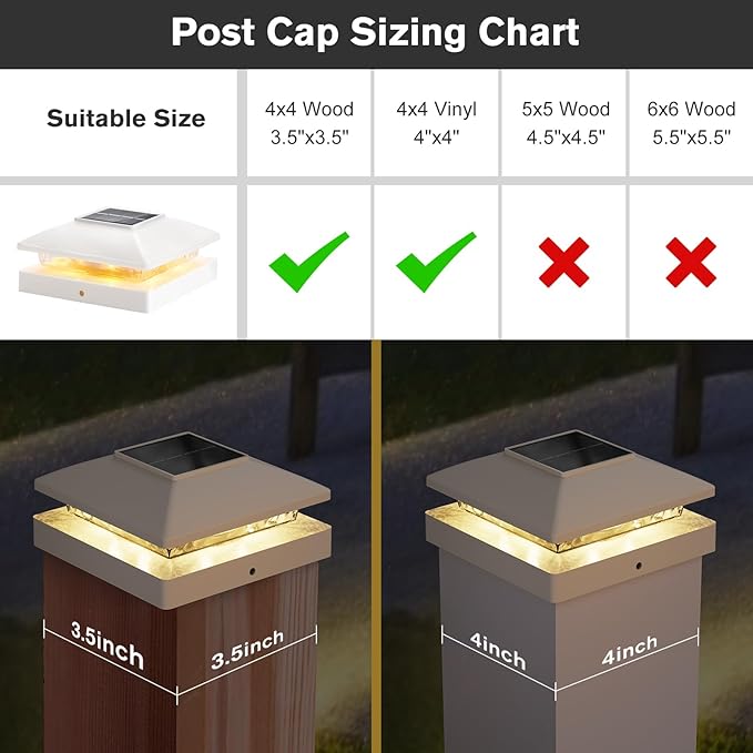 Solar Post Cap Lights Outdoor 6pack White Waterproof Solar Powered Deck Fence Post Lights Fit 4x4 Wood/Vinyl Posts Bright Warm White Solar Post Lights Decorate Deck Patio Porch Fence