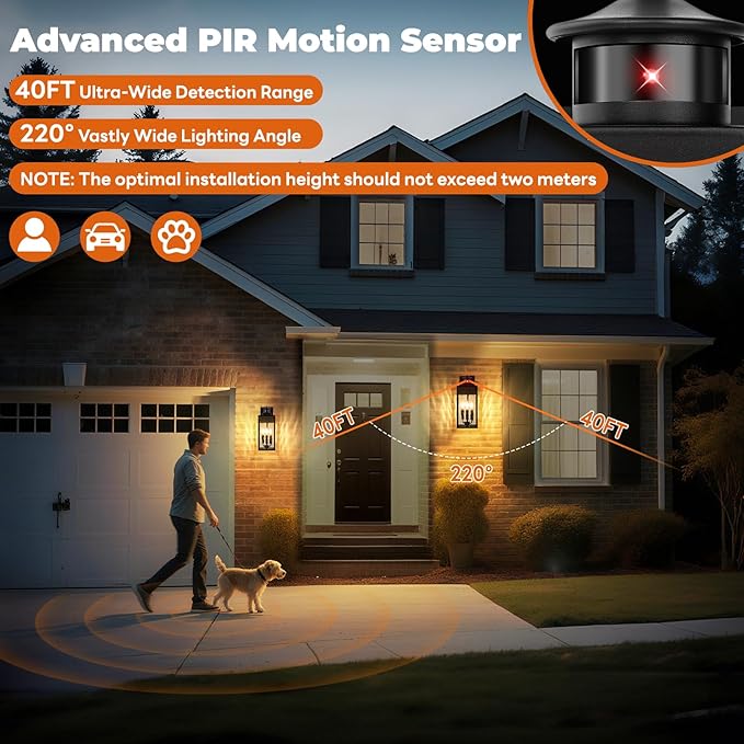 Large Motion Sensor Outdoor Wall Light Black Exterior Wall Sconce Light Fixtures with Water-Rippled Glass Waterproof Modern Outside Wall Lantern for House Porch Patio Garage Bulbs Not Included