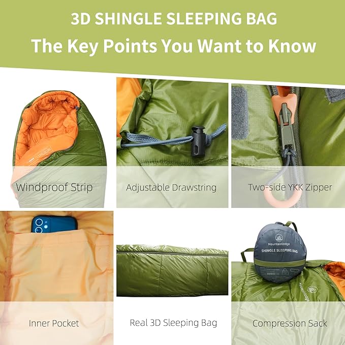 Mountainlodge 3-4 Seasons Shingle Sleeping Bag 15℉ with Inner Pocket for AdultPerfect for BackpackingTraveling and HikingIncluding Free Compression Stuff Sack.