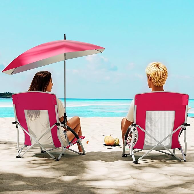 Giantex 2-Pack Low Folding Beach Chair with Detachable &amp Adjustable Umbrella Carrying Bag Padded Armrests Mesh High Back Load 330 LBS Anti-Slip Foot Pads Camping Chair for Picnic Lawn Pink