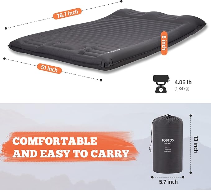 TOBTOS Double Sleeping Pad for Camping Extra Thick 6 Camping Mattress 2 Person with Pillow Built-in Foot Pump Inflatable Sleeping Mat for Camp Backpacking Hiking Traveling