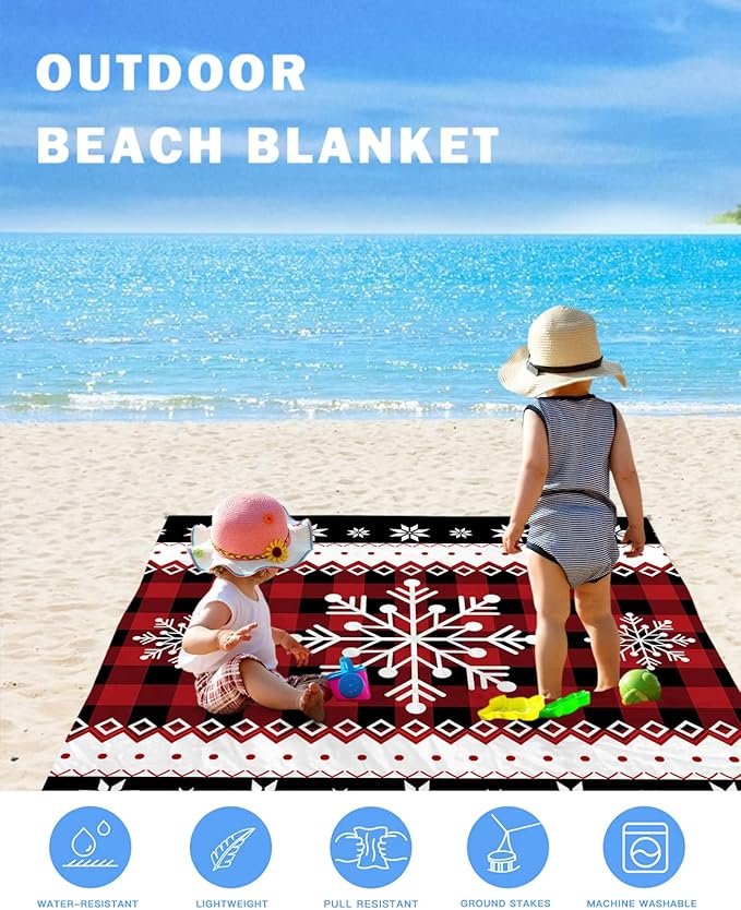 Beach Blanket Waterproof Sandproof Christmas Winter Snowflake Red Ripple Quick Drying Beach Mat with 4 Stakes Retro Black Buffalo Plaid Lightweight Picnic Blanket for Travel Camping Outdoor 95x80